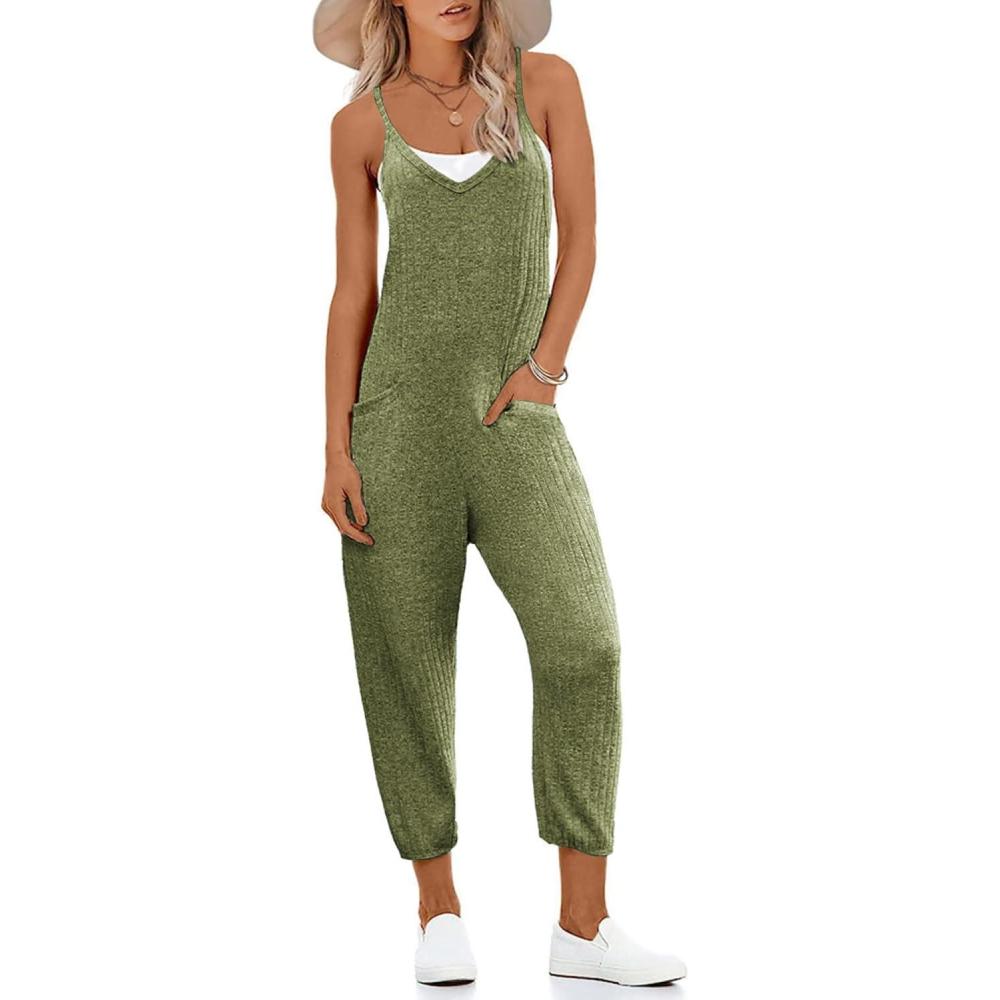 imageEkouaer Jumpsuits for Women Sleeveless Spaghetti Strap Ribbed Overall Jumpsuit V Neck Summer Romper with Pockets 2025Light Green