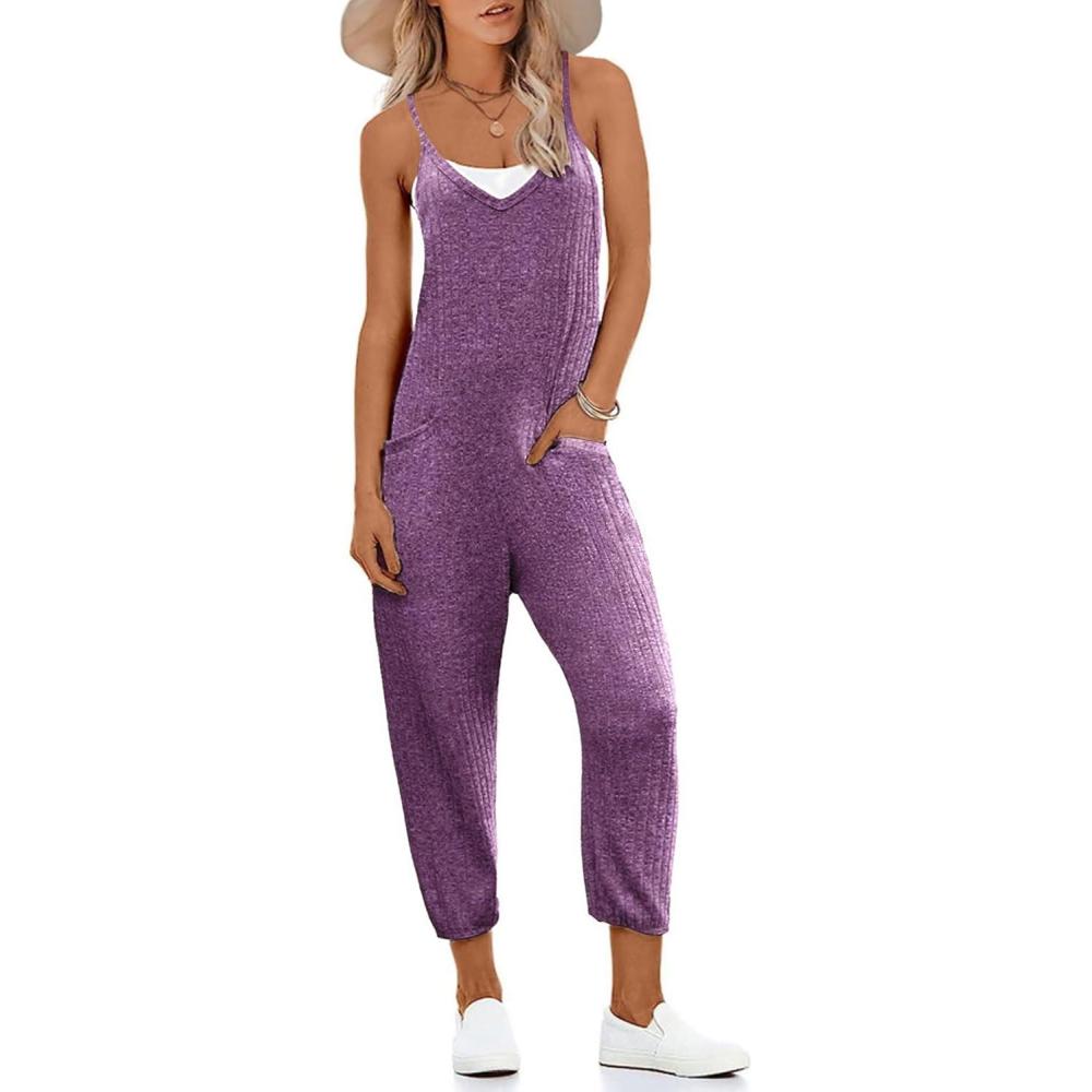 imageEkouaer Jumpsuits for Women Sleeveless Spaghetti Strap Ribbed Overall Jumpsuit V Neck Summer Romper with Pockets 2025Purple