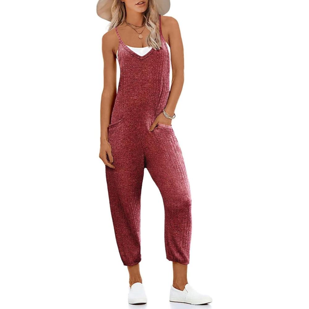 imageEkouaer Jumpsuits for Women Sleeveless Spaghetti Strap Ribbed Overall Jumpsuit V Neck Summer Romper with Pockets 2025Wine Red