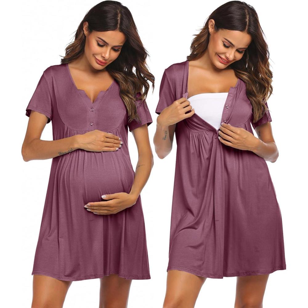 imageEkouaer Labor and Delivery Gown Nursing Nightgown Maternity Nightgowns for Hospital Short Breastfeeding Nightgown SXXLGray Purple