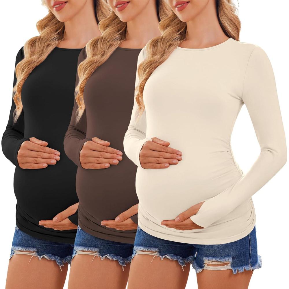 imageEkouaer Maternity Long Sleeve Shirt 3 Pack Crewneck Pregnancy Tops Casual Tee Side Ruched Clothes3pcs Black Beige Brown