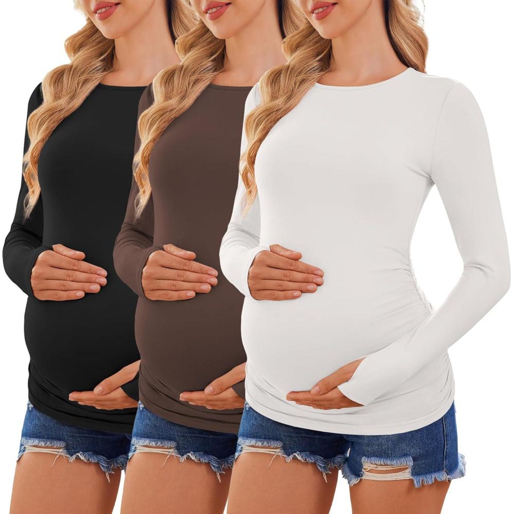 imageEkouaer Maternity Long Sleeve Shirt 3 Pack Crewneck Pregnancy Tops Casual Tee Side Ruched Clothes3pcs Black  Brown  White