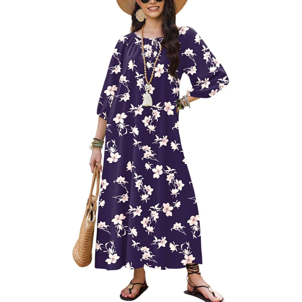 imageEkouaer Moo Moos for Women 34 Sleeve Long Nightgowns House Dresses with Pocket S3XLBlue Flower