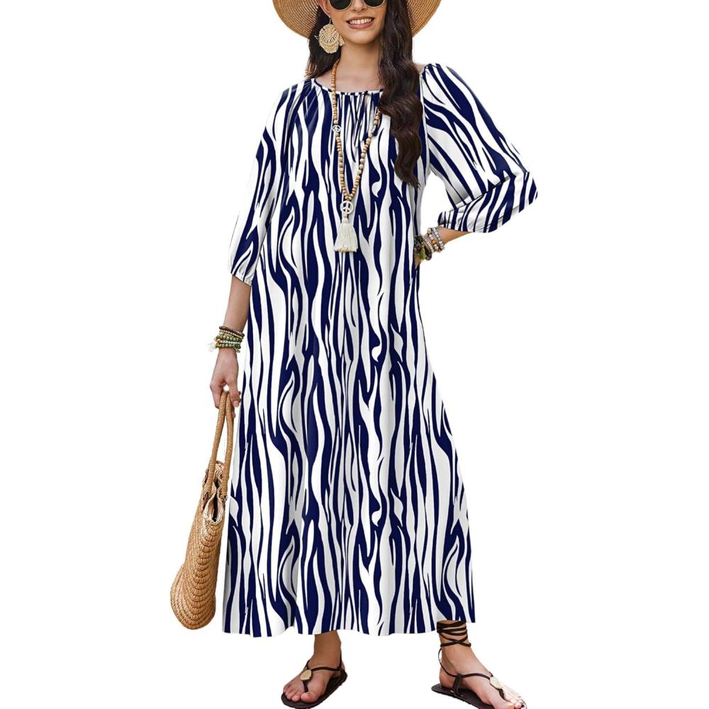 imageEkouaer Moo Moos for Women 34 Sleeve Long Nightgowns House Dresses with Pocket S3XLBlue Stripes