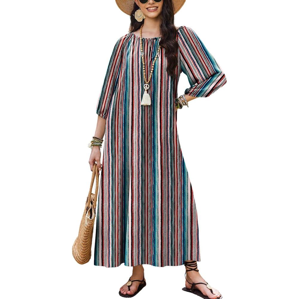 imageEkouaer Moo Moos for Women 34 Sleeve Long Nightgowns House Dresses with Pocket S3XLTiedye Stripes