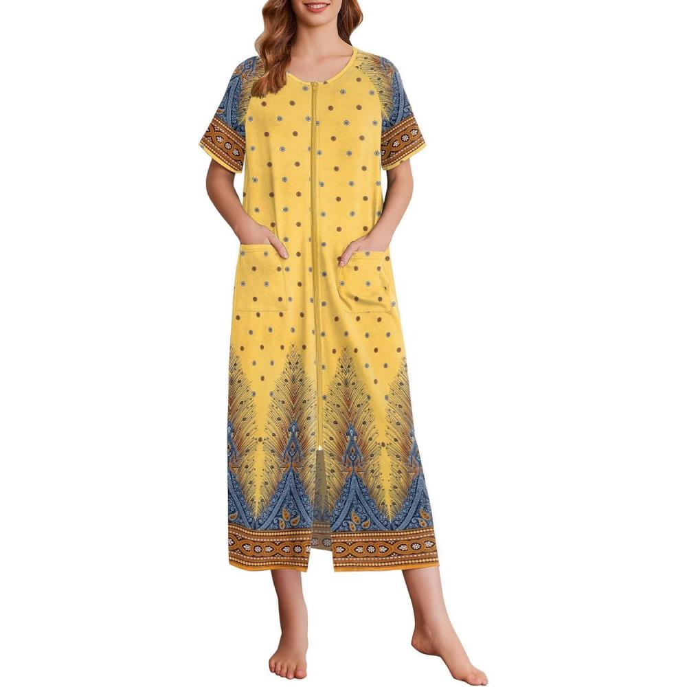 imageEkouaer Women Long House Coat Zipper Front Robes Full Length Nightgowns with Pockets Striped Loungewear S4XLBlack Leaves