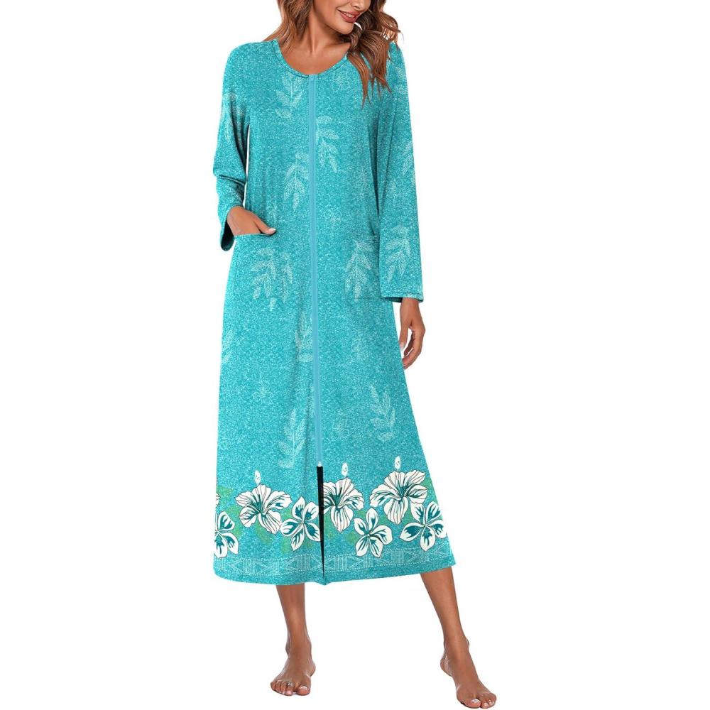 imageEkouaer Women Long House Coat Zipper Front Robes Full Length Nightgowns with Pockets Striped Loungewear S4XLBlue Floral