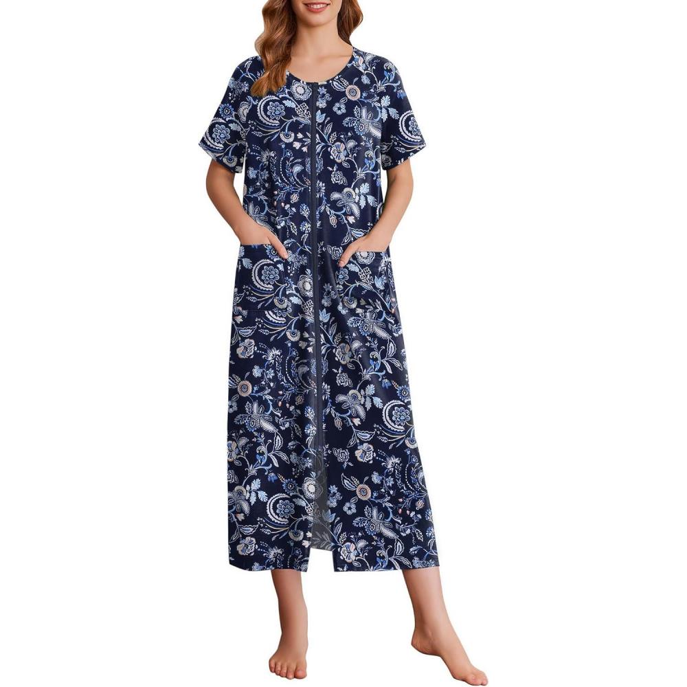 imageEkouaer Women Long House Coat Zipper Front Robes Full Length Nightgowns with Pockets Striped Loungewear S4XLDark Blue Flower