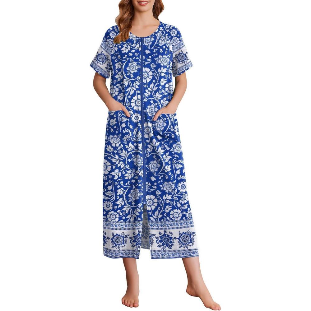 imageEkouaer Women Long House Coat Zipper Front Robes Full Length Nightgowns with Pockets Striped Loungewear S4XLLight Blue Flower