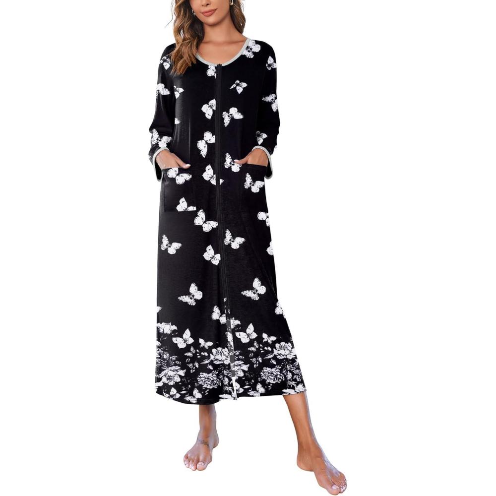 imageEkouaer Women Long House Coat Zipper Front Robes Full Length Nightgowns with Pockets Striped Loungewear S4XLWhite Butterfly