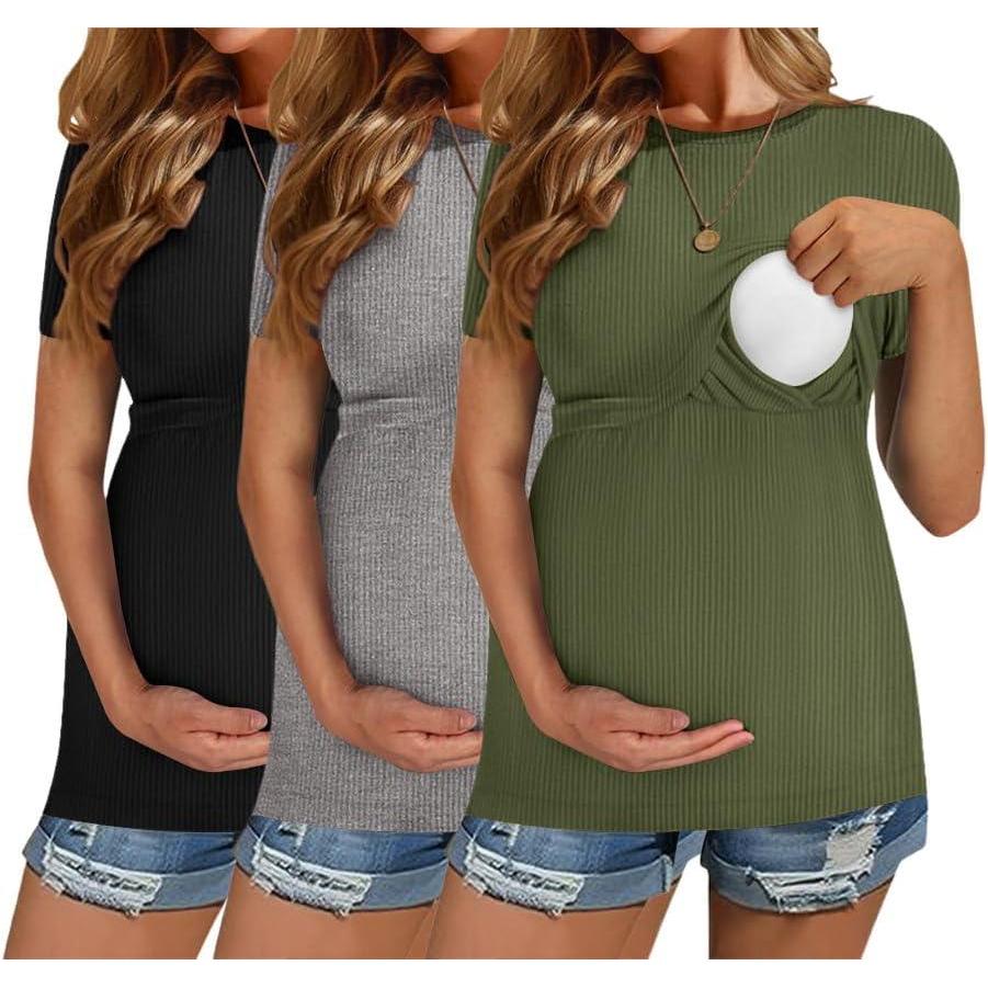imageEkouaer Womens Nursing Tops 3 Pack Short Sleeve Ribbed Breastfeeding Shirts Double Layer Maternity Shirt Pregnancy ClothesBlackGreyArmy Green
