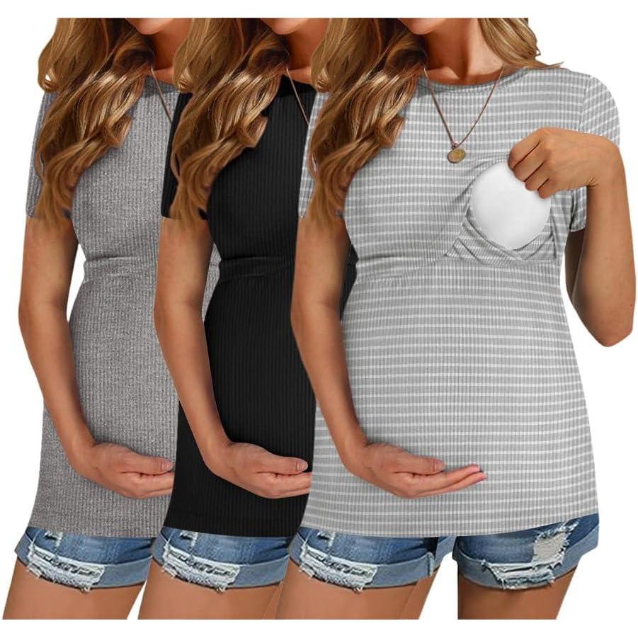 imageEkouaer Womens Nursing Tops 3 Pack Short Sleeve Ribbed Breastfeeding Shirts Double Layer Maternity Shirt Pregnancy ClothesBlackGreyGrey Stripes