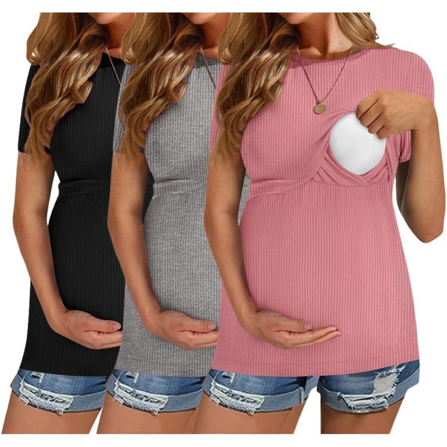 imageEkouaer Womens Nursing Tops 3 Pack Short Sleeve Ribbed Breastfeeding Shirts Double Layer Maternity Shirt Pregnancy ClothesBlackGreyPink