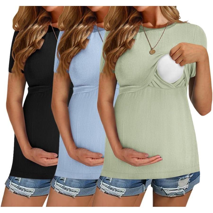 imageEkouaer Womens Nursing Tops 3 Pack Short Sleeve Ribbed Breastfeeding Shirts Double Layer Maternity Shirt Pregnancy ClothesBlackLight BlueLight Green