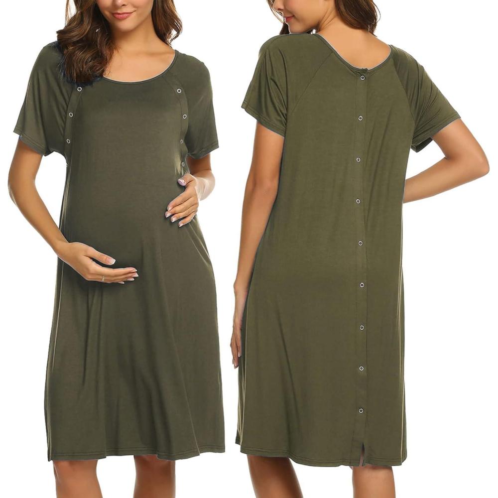 imageEkouaer Womens NursingDeliveryLaborHospital Nightdress Short Sleeve Maternity Nightgown with Button SXXLArmy Green