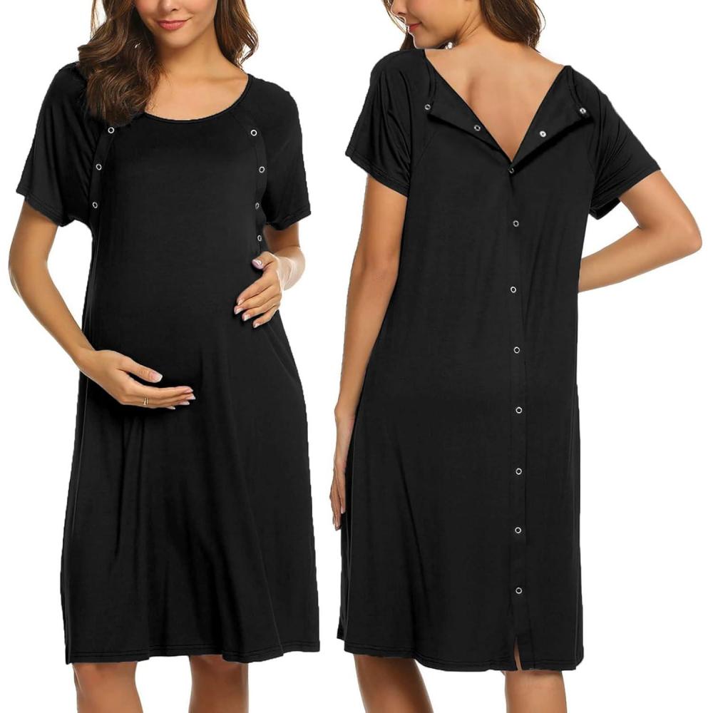imageEkouaer Womens NursingDeliveryLaborHospital Nightdress Short Sleeve Maternity Nightgown with Button SXXLBlack