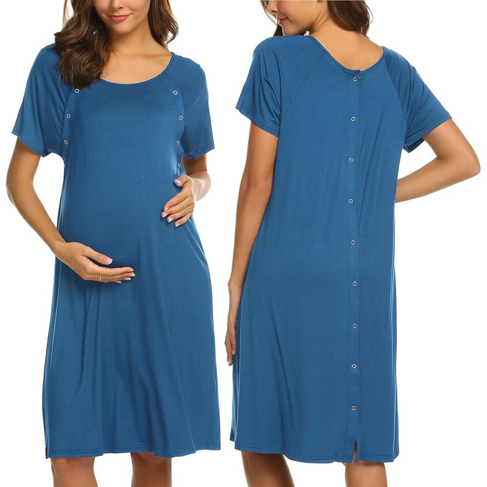imageEkouaer Womens NursingDeliveryLaborHospital Nightdress Short Sleeve Maternity Nightgown with Button SXXLBlue