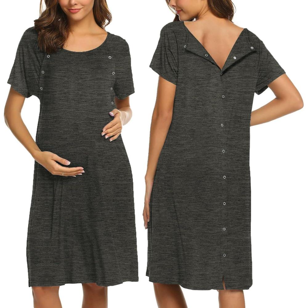 imageEkouaer Womens NursingDeliveryLaborHospital Nightdress Short Sleeve Maternity Nightgown with Button SXXLDark Grey