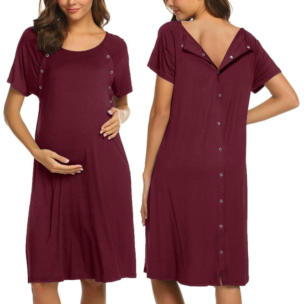 imageEkouaer Womens NursingDeliveryLaborHospital Nightdress Short Sleeve Maternity Nightgown with Button SXXLDark Red