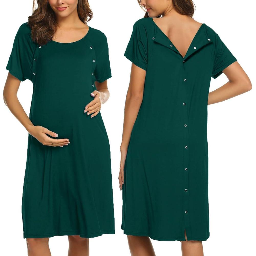 imageEkouaer Womens NursingDeliveryLaborHospital Nightdress Short Sleeve Maternity Nightgown with Button SXXLLake Green