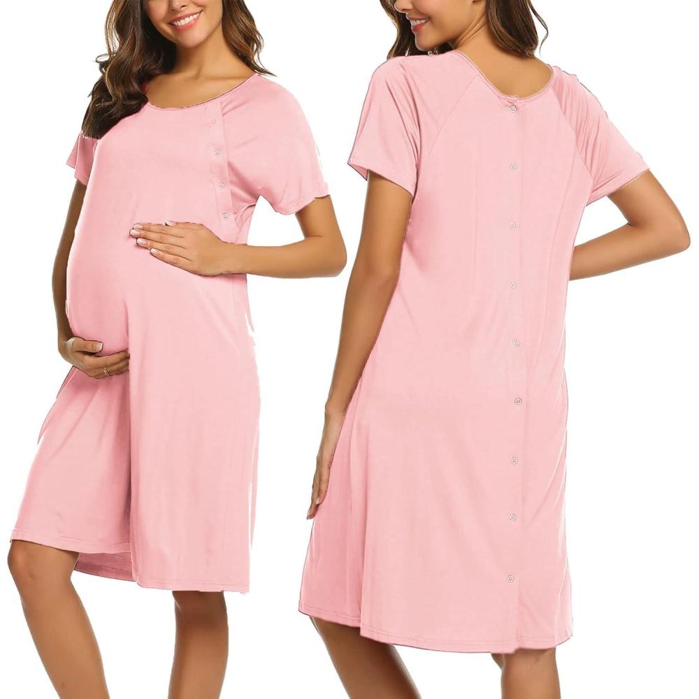 imageEkouaer Womens NursingDeliveryLaborHospital Nightdress Short Sleeve Maternity Nightgown with Button SXXLPink