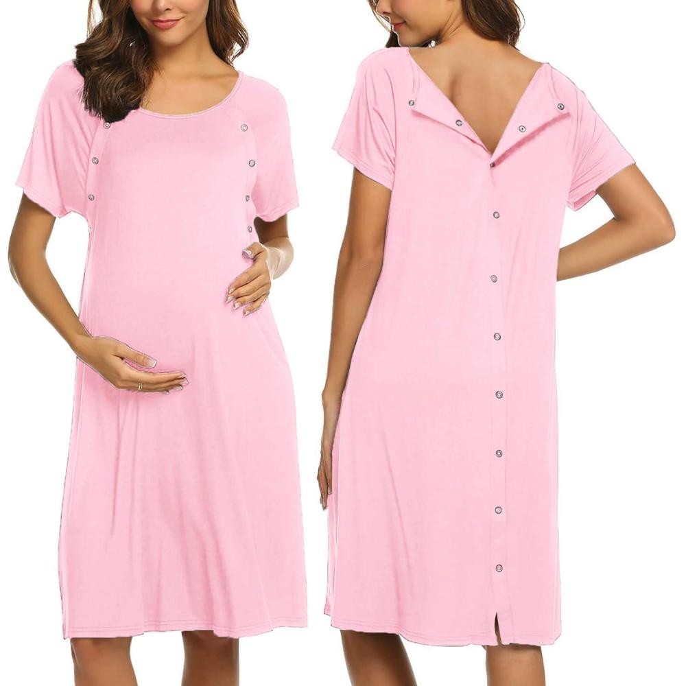 imageEkouaer Womens NursingDeliveryLaborHospital Nightdress Short Sleeve Maternity Nightgown with Button SXXLRose Pink