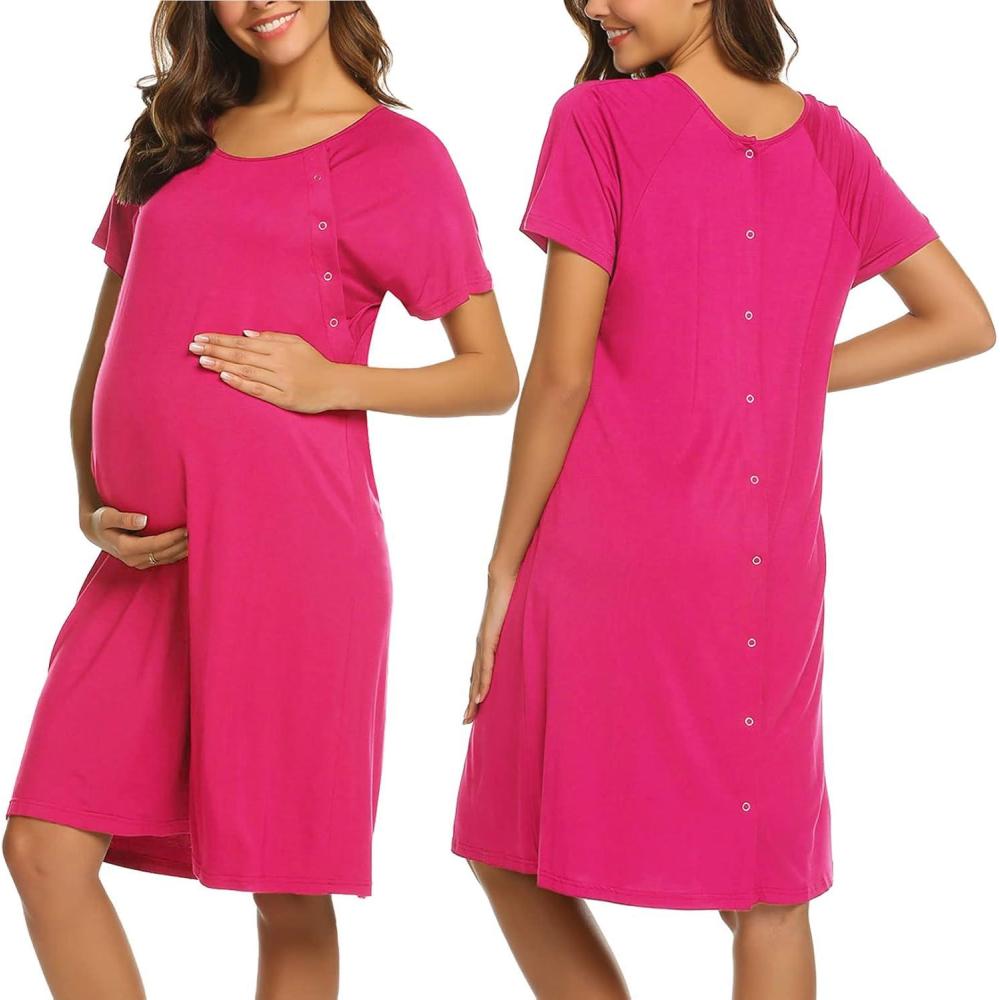 imageEkouaer Womens NursingDeliveryLaborHospital Nightdress Short Sleeve Maternity Nightgown with Button SXXLRose Red
