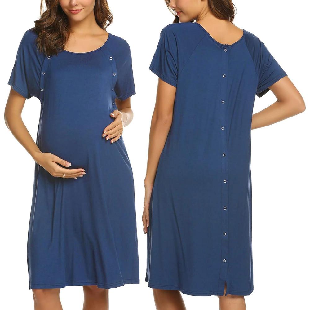 imageEkouaer Womens NursingDeliveryLaborHospital Nightdress Short Sleeve Maternity Nightgown with Button SXXLRoyal Blue