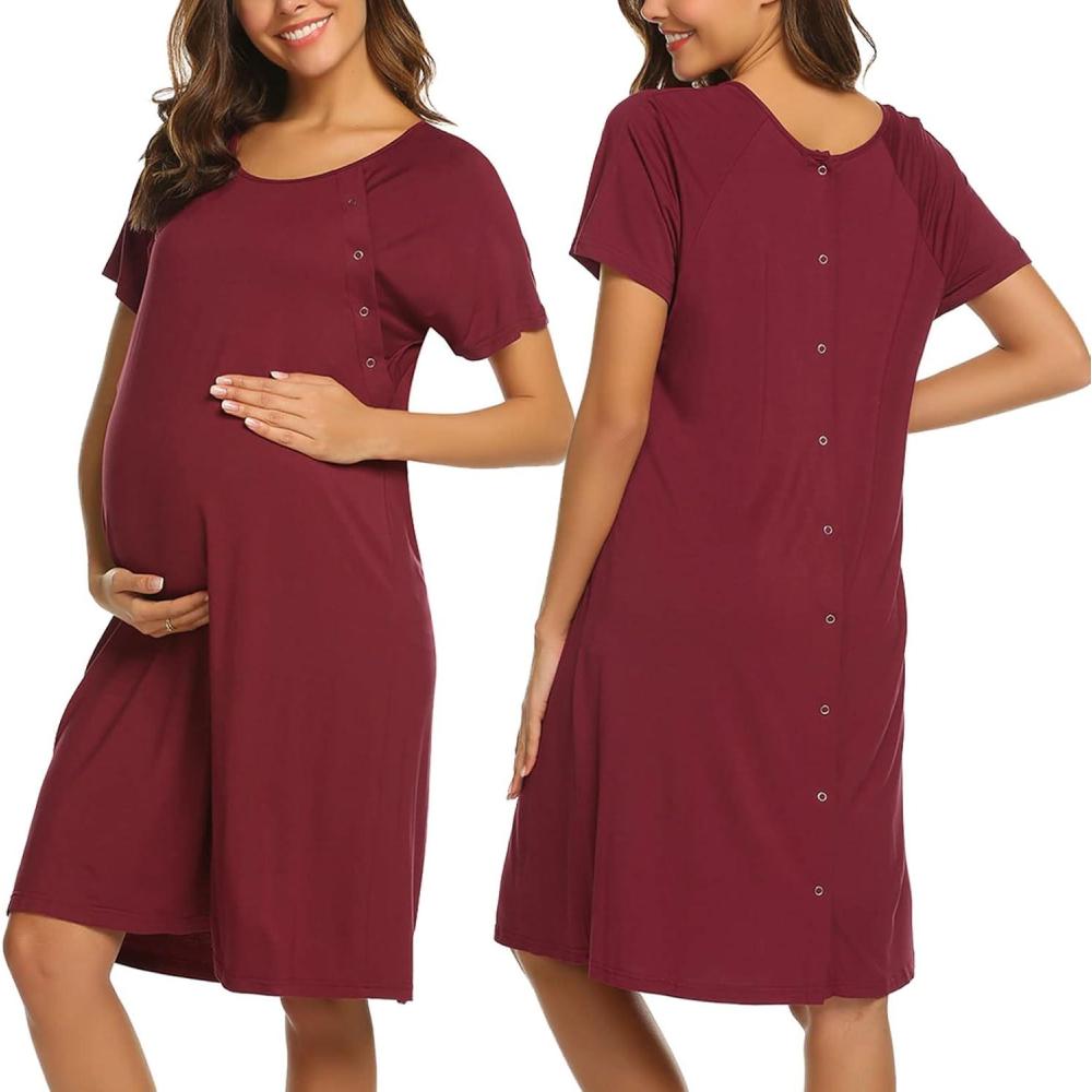 imageEkouaer Womens NursingDeliveryLaborHospital Nightdress Short Sleeve Maternity Nightgown with Button SXXLWine Red