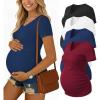 Ekouaer 4 Pack Maternity Shirts V Neck Maternity Top Short Sleeve Casual Tee Side Ruched Pregnancy Clothes(Black/Blue/Dark Red/White)