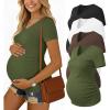 Ekouaer 4 Pack Maternity Shirts V Neck Maternity Top Short Sleeve Casual Tee Side Ruched Pregnancy Clothes(Black/Brown/Army Green/White)