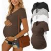 Ekouaer 4 Pack Maternity Shirts V Neck Maternity Top Short Sleeve Casual Tee Side Ruched Pregnancy Clothes(Black/Brown/Grey/White)