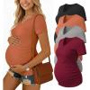 Ekouaer 4 Pack Maternity Shirts V Neck Maternity Top Short Sleeve Casual Tee Side Ruched Pregnancy Clothes(Black/Dark Grey/Caramel/Dark Red)