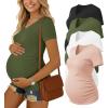 Ekouaer 4 Pack Maternity Shirts V Neck Maternity Top Short Sleeve Casual Tee Side Ruched Pregnancy Clothes(Black/Pink/Army Green/White)