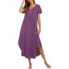 Ekouaer Long Nightgowns for Women Button Night Gowns Short Sleeve Sleepwear Full Length Sleep Shirts With Pockets S-2XL(Eggplant Purple)