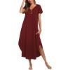 Ekouaer Long Nightgowns for Women Button Night Gowns Short Sleeve Sleepwear Full Length Sleep Shirts With Pockets S-2XL(Wine Red)