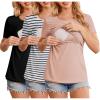 Ekouaer Womens Nursing Tops 3 Pack Double Layer Breastfeeding Shirts Short Sleeve Maternity Clothes S-XXL(3pcs Black / Dirty Pink / White Stripe)