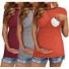 Ekouaer Womens Nursing Tops 3 Pack Short Sleeve Ribbed Breastfeeding Shirts Double Layer Maternity Shirt Pregnancy Clothes(Caramel/Grey/Wine Red)