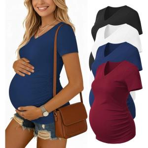Ekouaer 4 Pack Maternity Shirts V Neck Maternity Top Short Sleeve Casual Tee Side Ruched Pregnancy Clothes(Black/Blue/Dark Red/White)