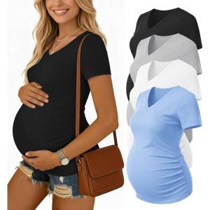 Ekouaer 4 Pack Maternity Shirts V Neck Maternity Top Short Sleeve Casual Tee Side Ruched Pregnancy Clothes(Black/Blue/Grey/White)