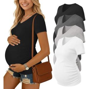 Ekouaer 4 Pack Maternity Shirts V Neck Maternity Top Short Sleeve Casual Tee Side Ruched Pregnancy Clothes(Black/Dark Grey/Grey/White)