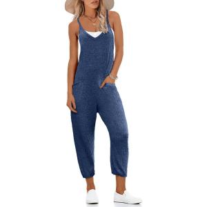 Ekouaer Jumpsuits for Women Sleeveless Spaghetti Strap Ribbed Overall Jumpsuit V Neck Summer Romper with Pockets 2025(Navy Blue)