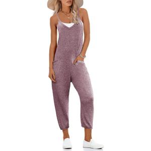 Ekouaer Jumpsuits for Women Sleeveless Spaghetti Strap Ribbed Overall Jumpsuit V Neck Summer Romper with Pockets 2025(Purple Red)