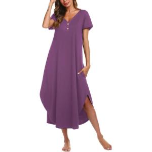 Ekouaer Long Nightgowns for Women Button Night Gowns Short Sleeve Sleepwear Full Length Sleep Shirts With Pockets S-2XL(Eggplant Purple)