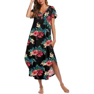 Ekouaer Long Nightgowns for Women Button Night Gowns Short Sleeve Sleepwear Full Length Sleep Shirts With Pockets S-2XL(Flower Black)