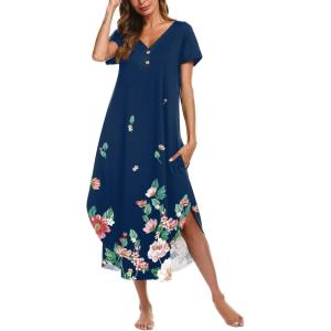 Ekouaer Long Nightgowns for Women Button Night Gowns Short Sleeve Sleepwear Full Length Sleep Shirts With Pockets S-2XL(Red Flower)
