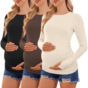 Ekouaer Maternity Long Sleeve Shirt 3 Pack Crewneck Pregnancy Tops Casual Tee Side Ruched Clothes(3pcs Black / Beige / Brown)