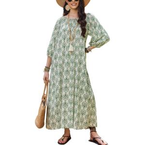Ekouaer Moo Moos for Women 3/4 Sleeve Long Nightgowns House Dresses with Pocket S-3XL(Green Boho)