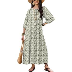 Ekouaer Moo Moos for Women 3/4 Sleeve Long Nightgowns House Dresses with Pocket S-3XL(Green Leaves)