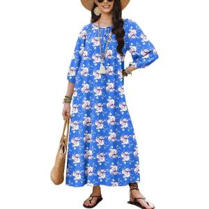 Ekouaer Moo Moos for Women 3/4 Sleeve Long Nightgowns House Dresses with Pocket S-3XL(Light Blue Flower)